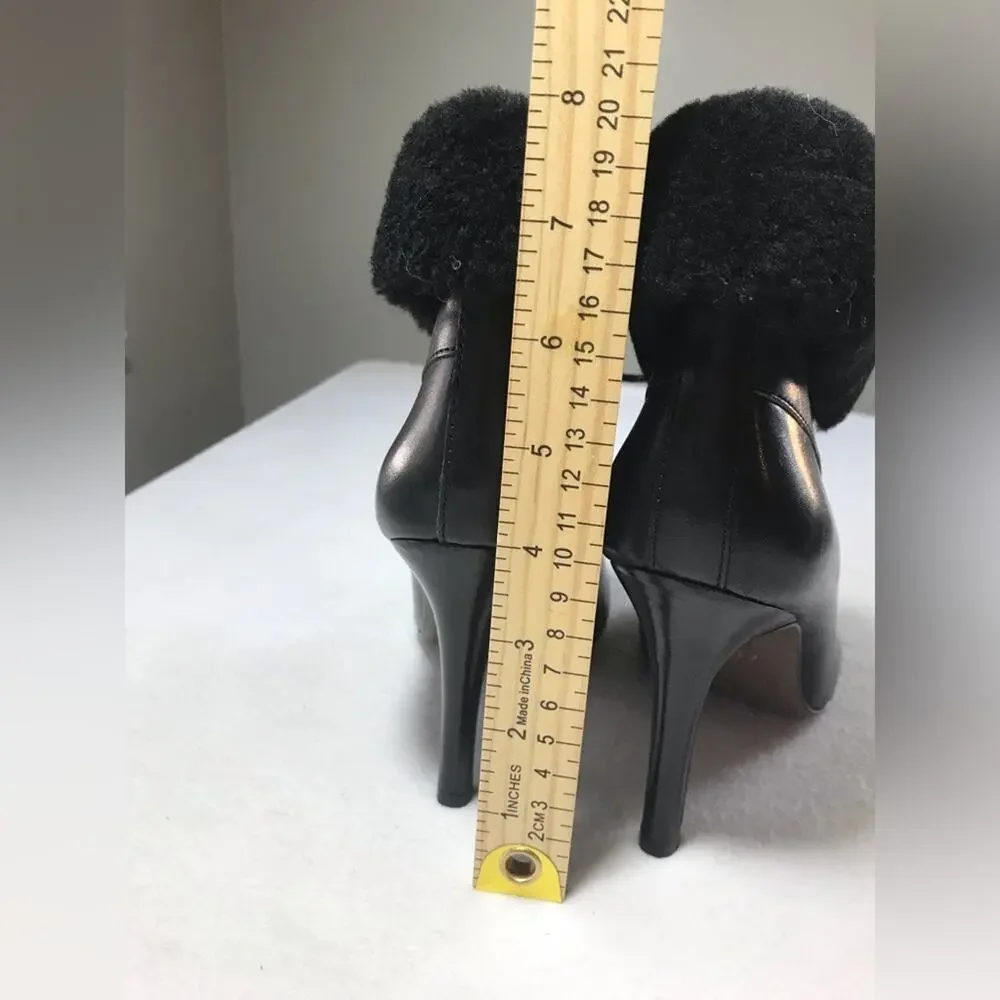 Coach black leather malia 7.5 cuff shearling tie up heels stiletto sexy lace up